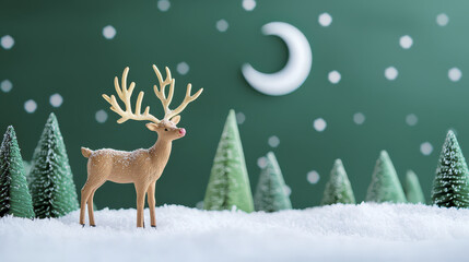 Reindeer figurine stands in snowy landscape with green trees and crescent moon, evoking serene winter scene
