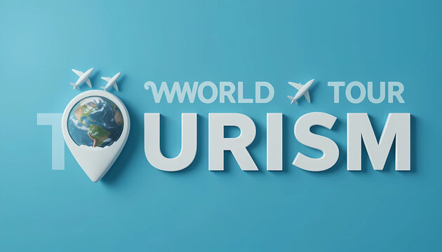 World tour tourism concept with map pin globe and airplanes on a blue background for travel promotion