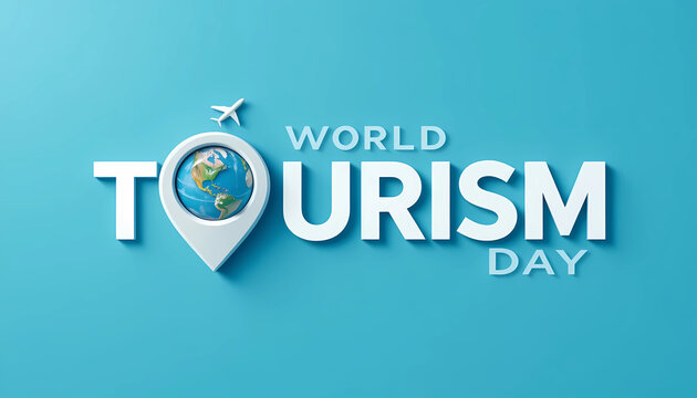 World tourism day text with airplane and globe in map pointer on a blue background design concept - Powered by Adobe