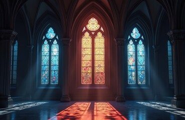 Sunlight streams through gothic stained glass windows in church interior. Colorful light patterns reflect on floor. Arched structure with ancient stone walls creates solemn atmosphere inside worship