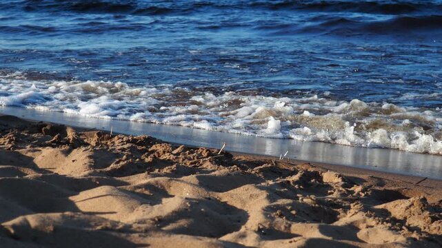 Beautiful waves roll onto sandy beach at Lake Onego in Karelia. Calm waters reflect clear blue sky serene atmosphere perfect for relaxation. Dark water with high iron content sand containing shungite