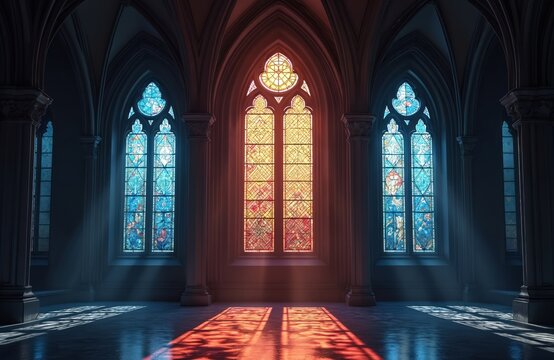 Sunlight streams through gothic stained glass windows in church interior. Colorful light patterns reflect on floor. Arched structure with ancient stone walls creates solemn atmosphere inside worship