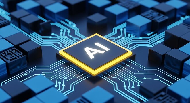 Central ai chip connects to digital network of blue cubes