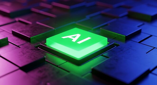 Glowing green ai chip on a futuristic circuit board with neon lights