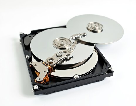 Hard disk drive interior tech photo on white backdrop. Computer hdd open view with platter discs. Metallic parts and magnetic head are visible for data storage. Isolated object.
