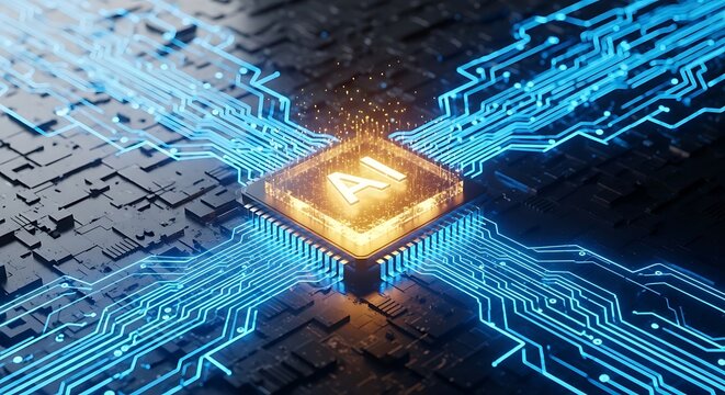 Glowing central processor with blue circuitry and data flow