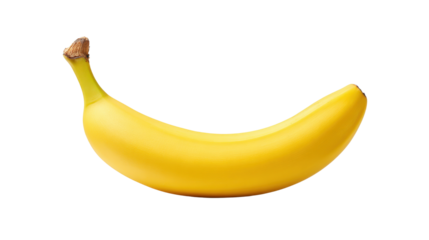 A banana with a perfectly smooth peel sitting against a highlighting the natural contours and vivid yellow hue isolated on a Transparent background, PNG file.