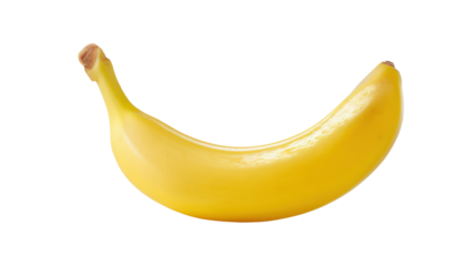 A banana with a perfectly smooth peel sitting against a highlighting the natural contours and vivid yellow hue isolated on a Transparent background, PNG file.