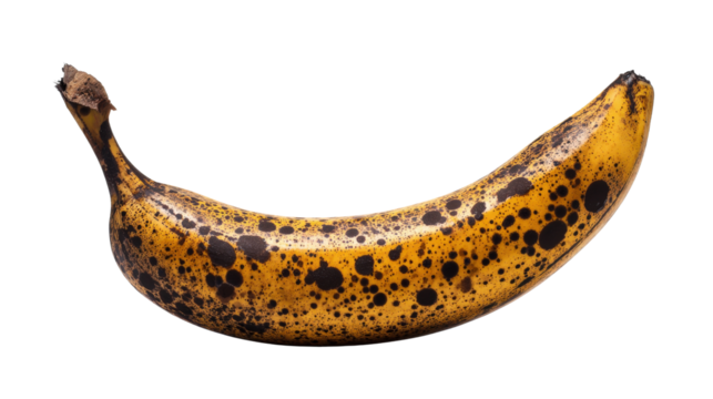 A banana with a few brown spots placed against a the imperfections adding character and texture to the otherwise smooth fruit isolated on a Transparent background, PNG file.