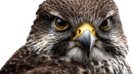 Close up of a falcon's head with piercing eyes and hooked beak