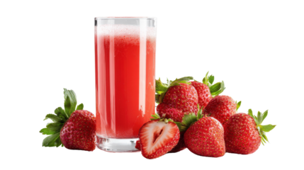 A beautiful arrangement of white strawberries next to a tall glass of strawberry juice, set against a showcasing the light and fresh appeal of the drink isolated on a Transparent background, PNG file.