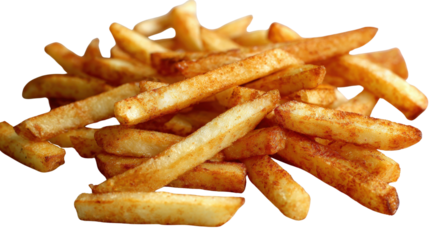 A batch of perfectly fried white-back fries, crispy and golden, scattered on a clean white surface, showcasing their texture and inviting appearance isolated on a Transparent background, PNG file.