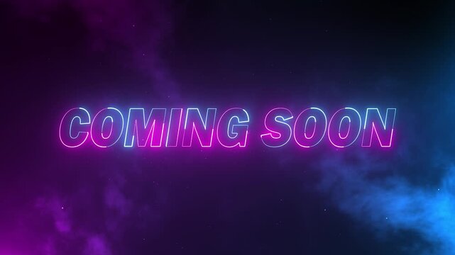 neon coming soon text in blue and pink colours with nebula and particles on black background