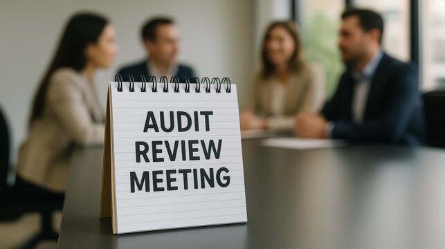 Audit review meeting notebook sign with business professionals in conference room for corporate financial examination compliance assessment and internal control evaluation session - Powered by Adobe