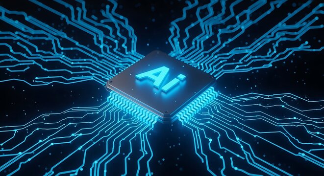 Glowing ai chip at the center of a digital circuit board network