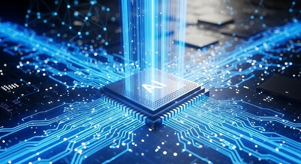 Futuristic glowing blue circuit board with central processor and data flow