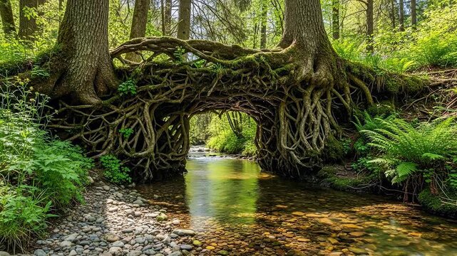 Stunning Root Bridge Over a Serene Stream in Lush Forest.