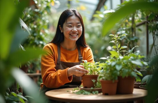 Young Asian woman gardener works with houseplants in greenhouse. Happy female tends to potted plants on wooden table. Green leaves and flowers surround smiling girl in orange sweater and brown apron. - Powered by Adobe