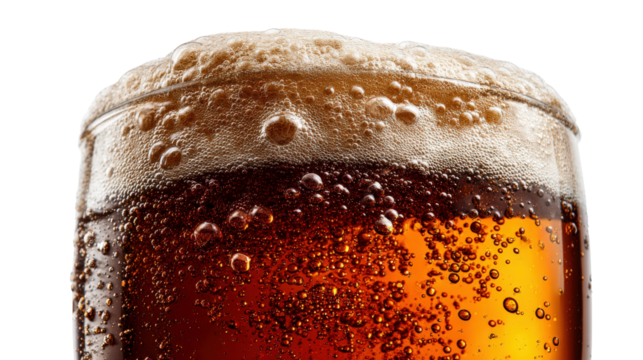 A beer glass filled with a rich amber beer, foam slightly overflowing from the rim, set against a bright that highlights the depth of color in the beer isolated on a Transparent background, PNG file.