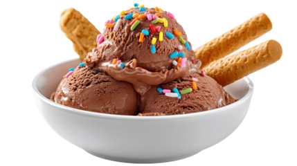 A bowl of chocolate ice cream with sprinkles and a wafer stick, displayed for a classic dessert appeal isolated on a Transparent background, PNG file.