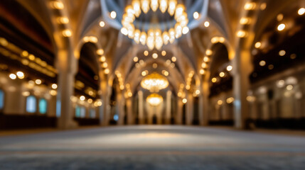 Obraz premium Blurred perspective of the mosque interior where symmetry and warm colors dominate, quiet sense of divine stillness, with copy space.