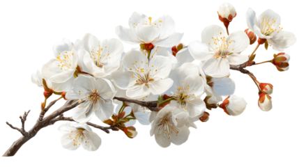 Delicate white cherry blossoms bloom on a branch