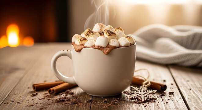 Warm mug of hot chocolate with marshmallows and cinnamon sticks