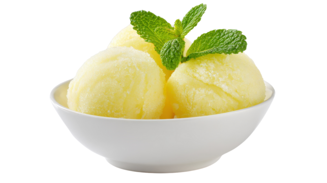 A bowl of lemon sorbet with a sprig of mint, positioned for a refreshing and zesty appeal isolated on a Transparent background, PNG file.