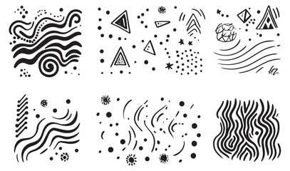 Set of six abstract hand drawn patterns with lines dots triangles and waves vector illustration isolated on white background concept for print web design banner poster sticker card and textile design
