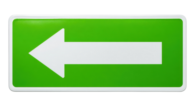 A bright green traffic sign featuring an arrow pointing left, centered helping drivers navigate through one-way streets or lanes isolated on a Transparent background, PNG file.