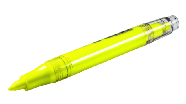 A bright yellow highlighter pen with a chisel tip and a clear cap, standing out sharply for a bold visual isolated on a Transparent background, PNG file.