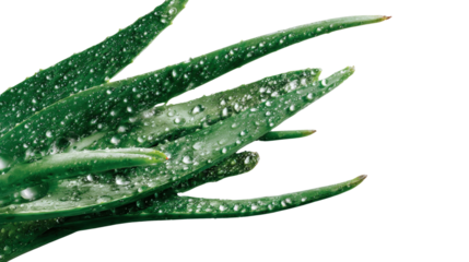 A bunch of aloe vera leaves with sparkling water droplets resting on them, placed to emphasize their fresh and clean appearance isolated on a Transparent background, PNG file.