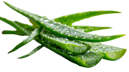 A bunch of fresh aloe vera leaves with water drops on them, placed on a white surface to enhance the soothing and healing qualities of the plant isolated on a Transparent background, PNG file.