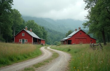 Red barns on a countryside farm road. Serene landscape with green trees and a cloudy sky. Rural scenic view with rustic buildings and nature.