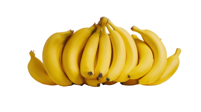 A bunch of bananas arranged artistically on a white surface, their vibrant yellow skins creating a striking visual effect against the blank background isolated on a Transparent background, PNG file.