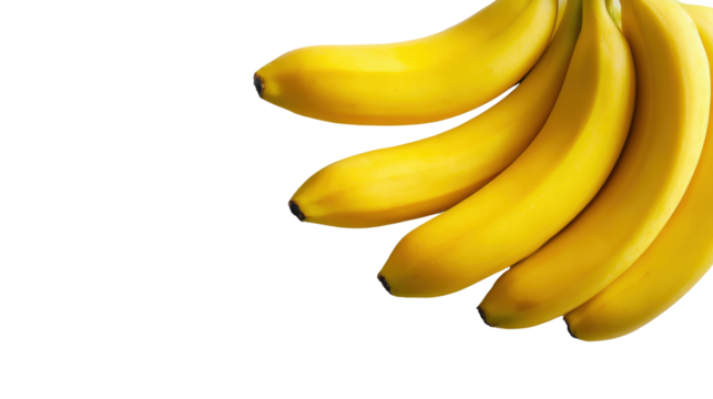 A bunch of bananas arranged artistically on a white surface, their vibrant yellow skins creating a striking visual effect against the blank background isolated on a Transparent background, PNG file.