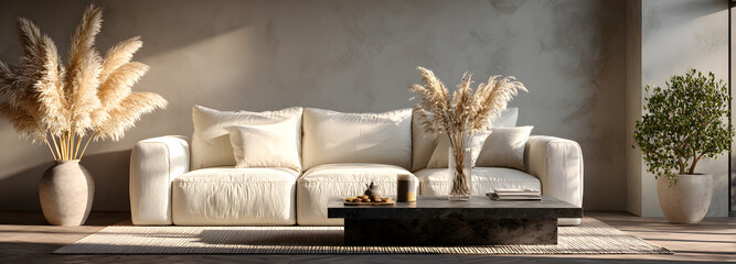 Comfortable white sofa, coffee table and pampas grass on blue background