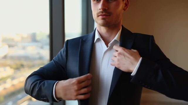 A handsome man in a suit adjusting his jacket by a window, exuding confidence and style. The image captures a moment of sophistication and elegance Stock Video