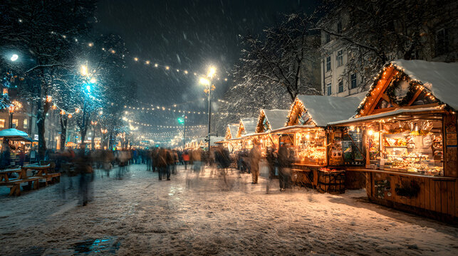 Christmas market stalls in snowy plaza, HDR night capture with glowing lights and crowd motion blur, urban festive vibe - Powered by Adobe