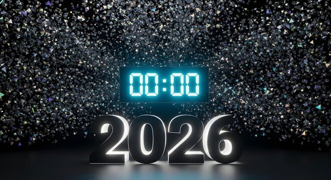 New Year s Eve Countdown to 2026 with Glowing Digital Clock and Sparkling Background