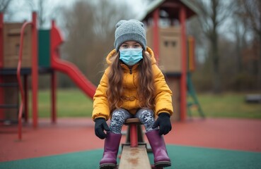 Little girl in medical mask sits alone on playground seesaw. Child wears winter clothes. Concept of children safety during pandemic. Coronavirus quarantine at park.