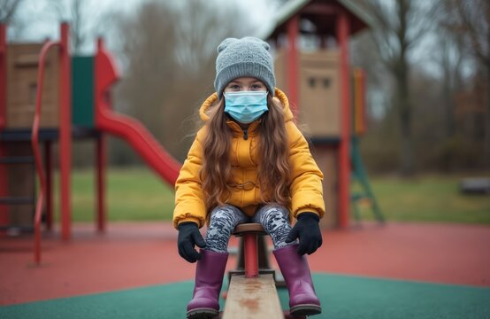 Little girl in medical mask sits alone on playground seesaw. Child wears winter clothes. Concept of children safety during pandemic. Coronavirus quarantine at park.