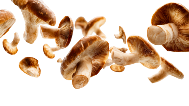 Group of Shiitake Mushrooms Falling Against Light Grey Background