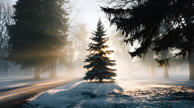 Christmas tree in snowy park, morning sunlight through fog, compositional leading lines, tranquil atmosphere