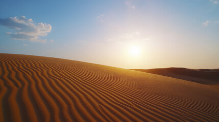 Naklejka premium Serene desert landscape with gentle sand dunes and warm sunset glow, evoking tranquility and peace