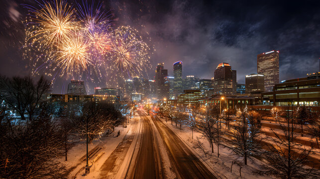 City skyline fireworks over snow-covered streets, telephoto compression and dynamic HDR glow