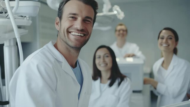 A cheerful team of surgeons and nurses wearing white coats and smiling for the camera while standing in an operating room with medical equipment visible. - Powered by Adobe