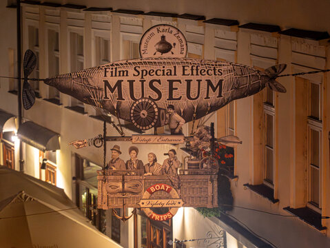 A decorative vintage-style plaque in front of the entrance to the Karel Zeman Museum of Film Special Effects in Prague. Prague, Czech Republic, 11.04.25