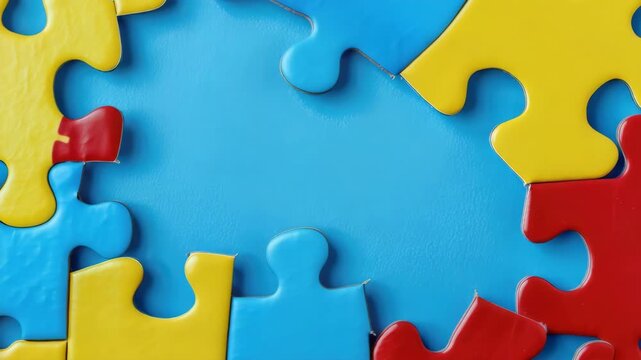 A brightly colored puzzle with pieces in red, yellow, and blue. The puzzle is partially assembled on a blue surface.