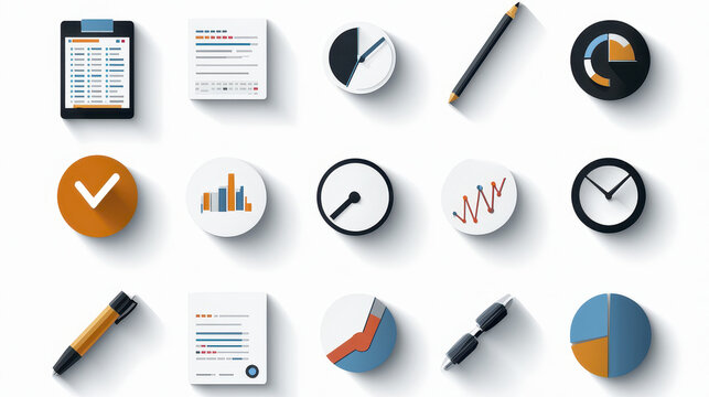 Collection of modern icons representing data analysis, charts, and productivity tools, showcasing professional aesthetic